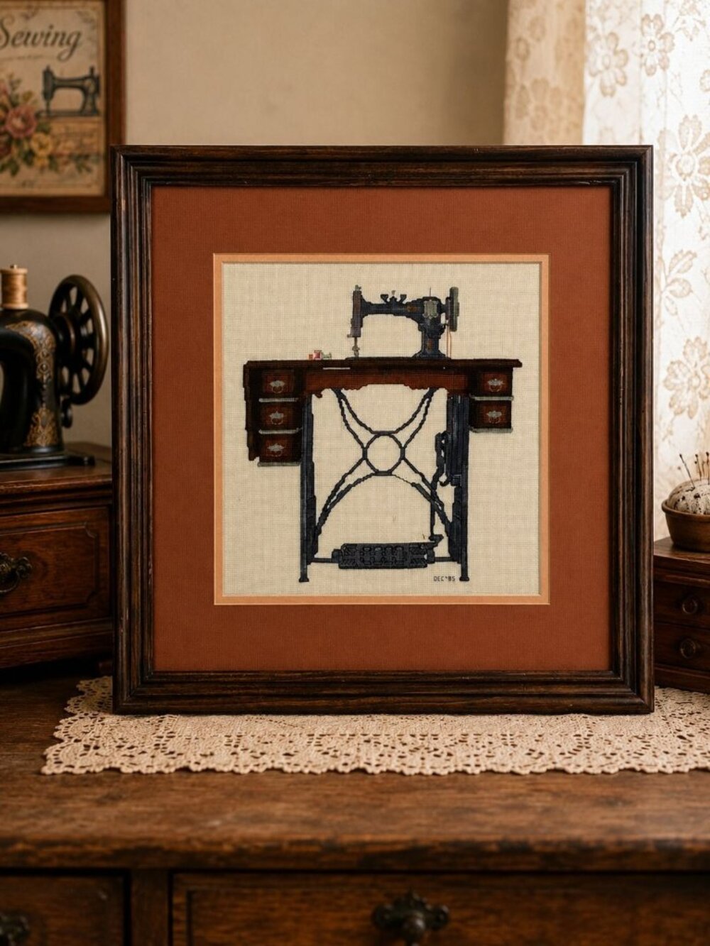 Vintage 1985 Handmade Antique Sewing Machine 16" Framed Cross Stitch